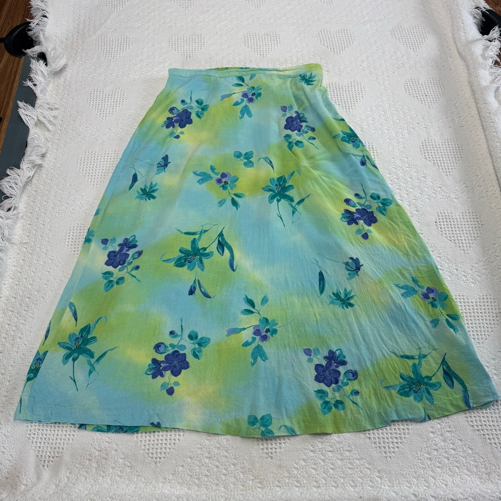 Vintage Apostrophe Blue and Green Floral Midi Skirt (L)